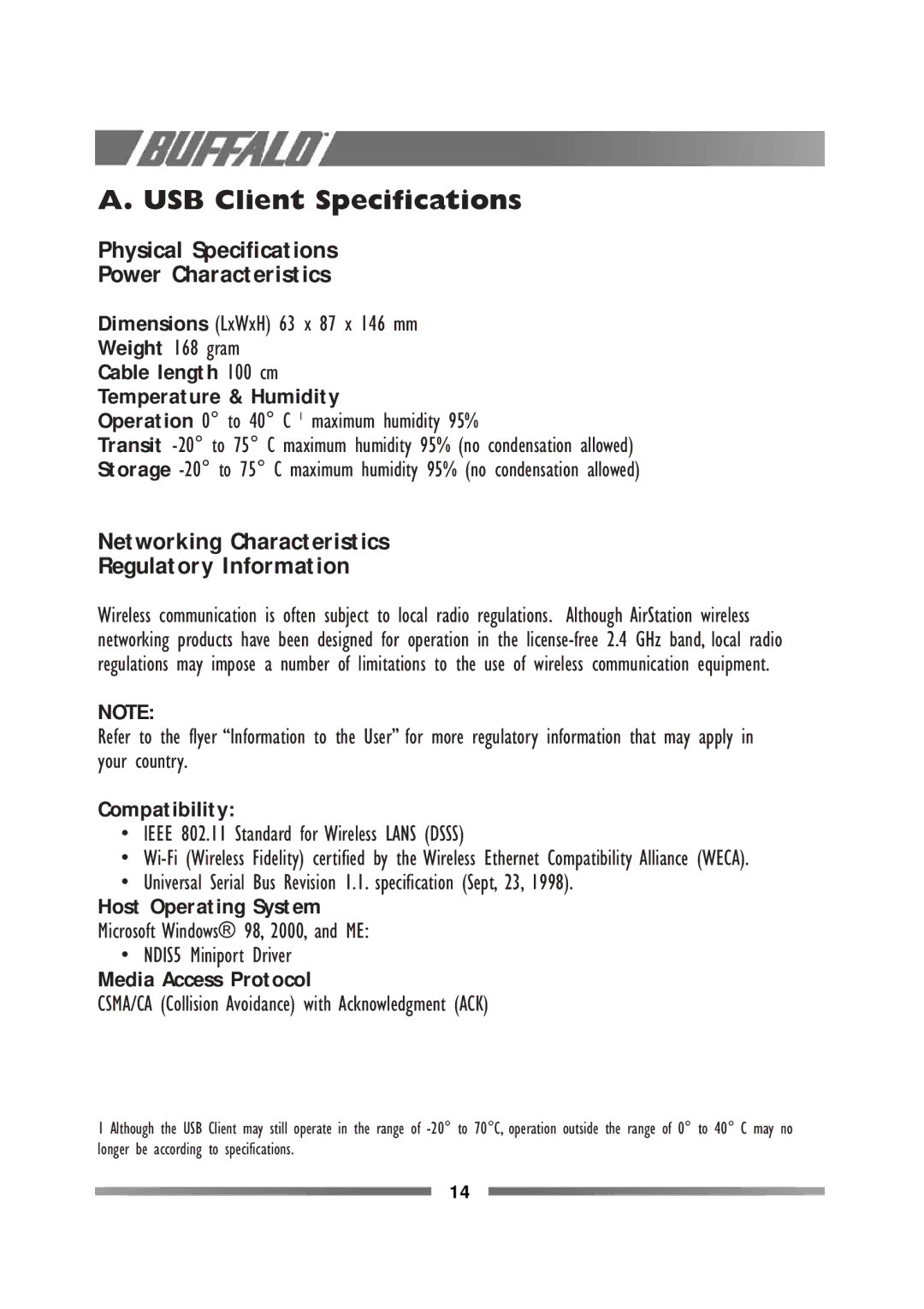 Buffalo Technology WLI-USB-L11G manual USB Client Specifications, Physical Specifications Power Characteristics 