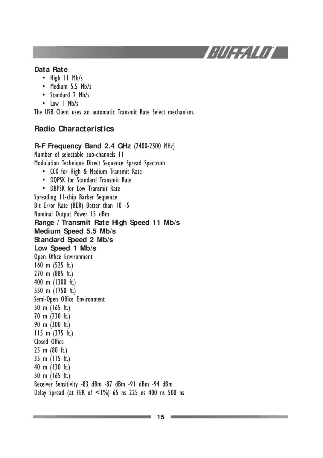 Buffalo Technology WLI-USB-L11G manual Radio Characteristics, Data Rate, Frequency Band 2.4 GHz 2400-2500 MHz 