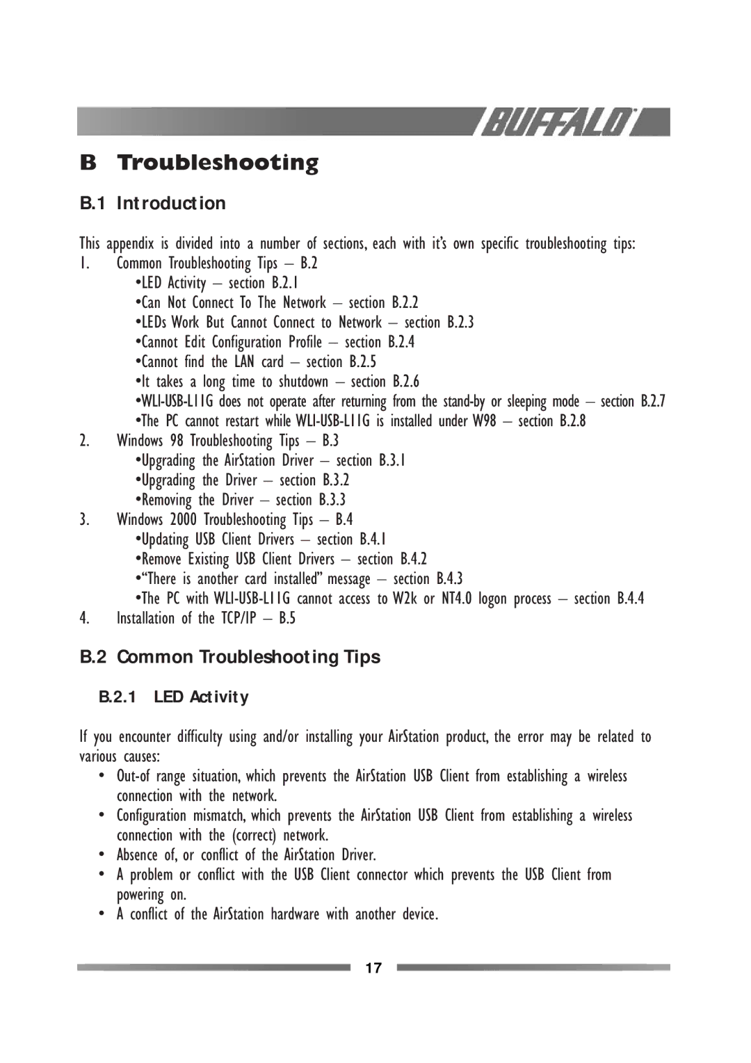 Buffalo Technology WLI-USB-L11G manual Common Troubleshooting Tips, LED Activity 