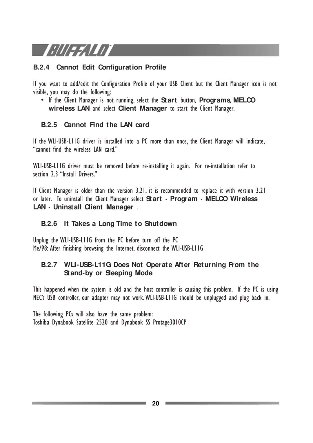 Buffalo Technology WLI-USB-L11G manual Cannot Edit Configuration Profile, Cannot Find the LAN card 
