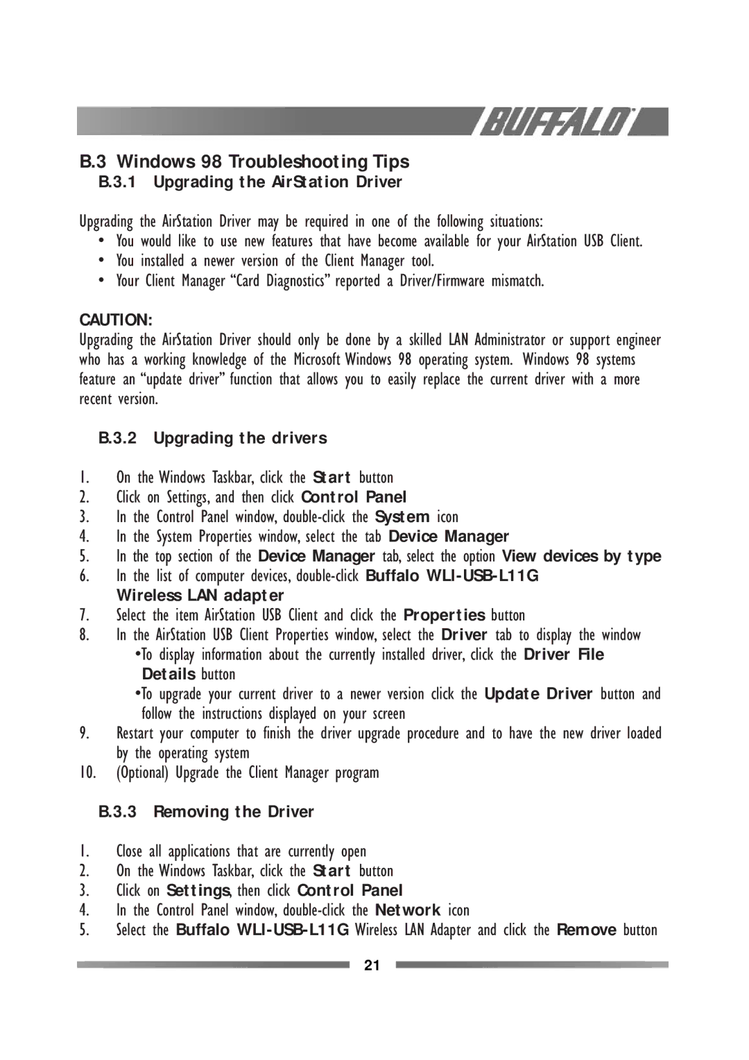 Buffalo Technology WLI-USB-L11G manual Windows 98 Troubleshooting Tips 