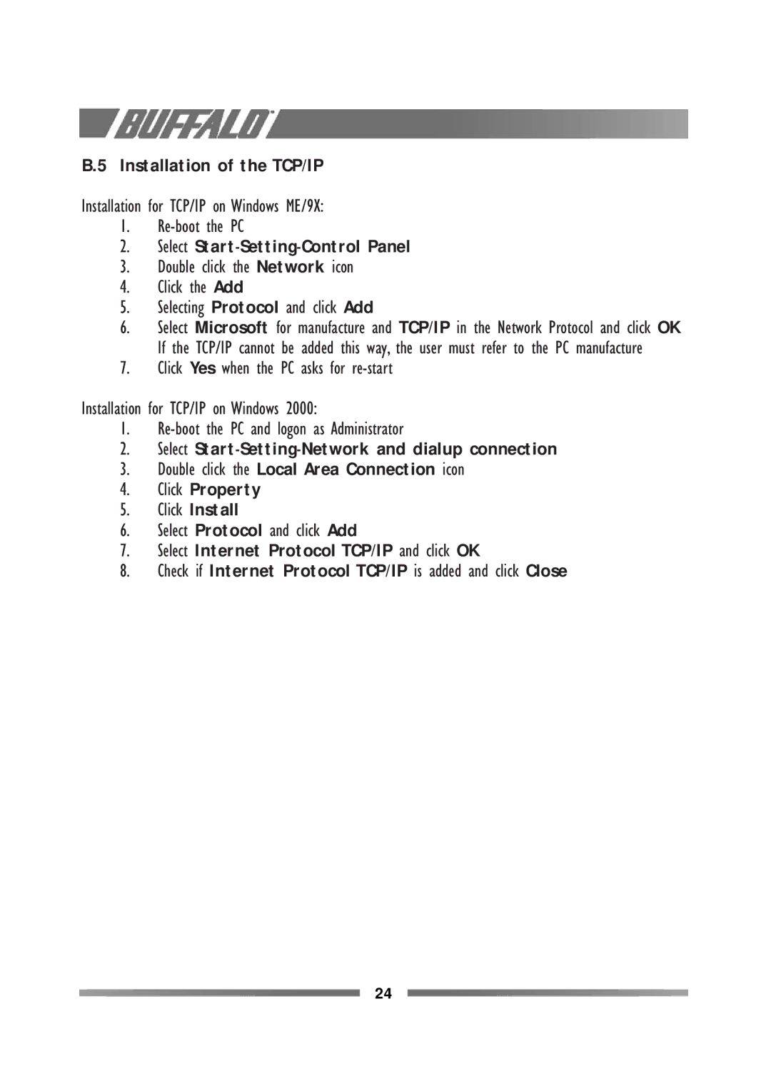 Buffalo Technology WLI-USB-L11G manual Installation of the TCP/IP, Installation for TCP/IP on Windows ME/9X Re-boot the PC 