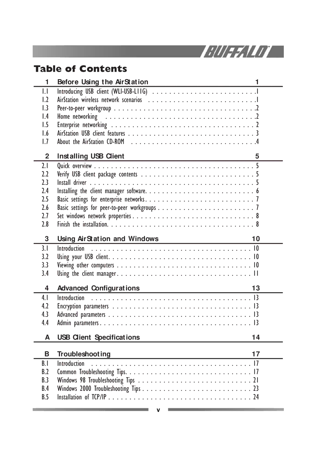 Buffalo Technology WLI-USB-L11G manual Table of Contents 