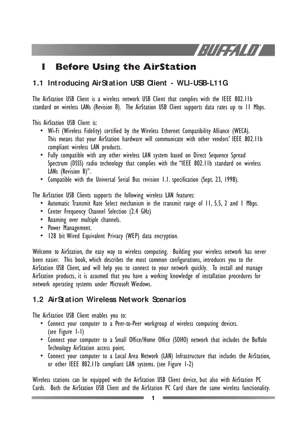 Buffalo Technology manual Before Using the AirStation, Introducing AirStation USB Client WLI-USB-L11G 