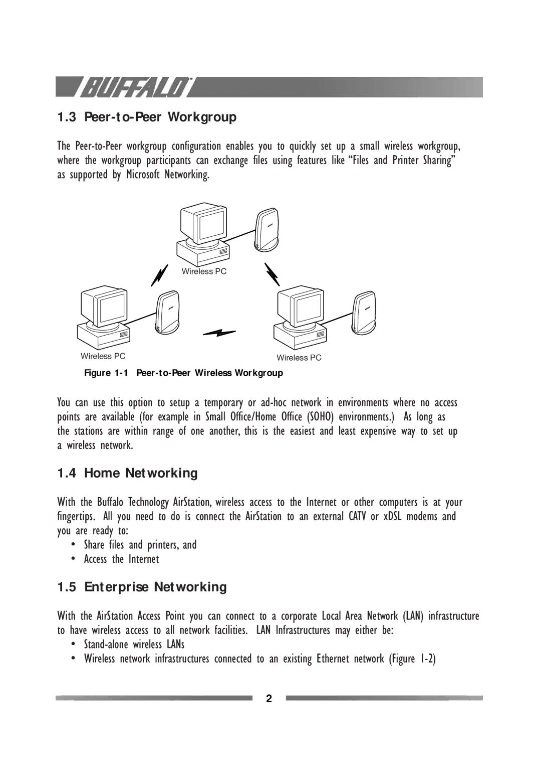 Buffalo Technology WLI-USB-L11G manual Peer-to-Peer Workgroup, Home Networking, Enterprise Networking 