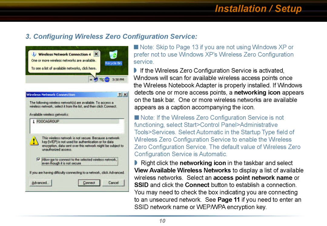 Buffalo Technology WLI2-CB-G54L manual Conﬁguring Wireless Zero Conﬁguration Service 