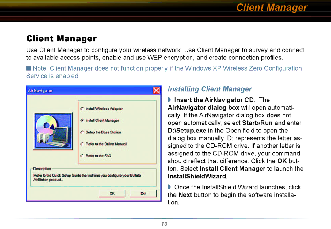 Buffalo Technology WLI2-CB-G54L manual Installing Client Manager 