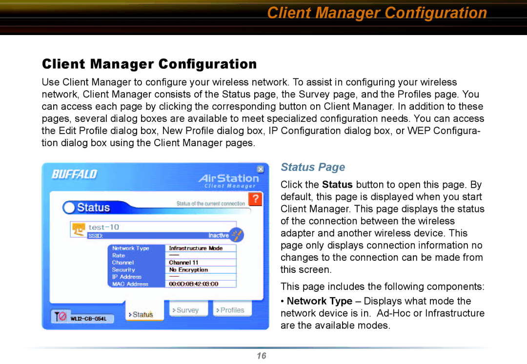 Buffalo Technology WLI2-CB-G54L manual Client Manager Conﬁguration, Status 