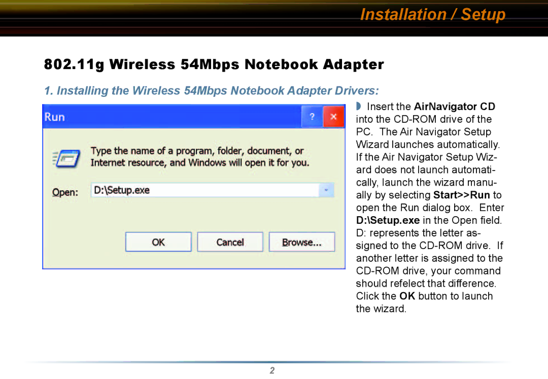 Buffalo Technology WLI2-CB-G54L manual Installation / Setup, 802.11g Wireless 54Mbps Notebook Adapter 