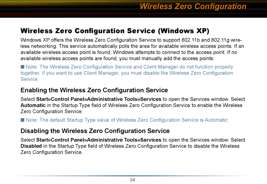 Buffalo Technology WLI2-CB-G54L manual Wireless Zero Conﬁguration Service Windows XP 