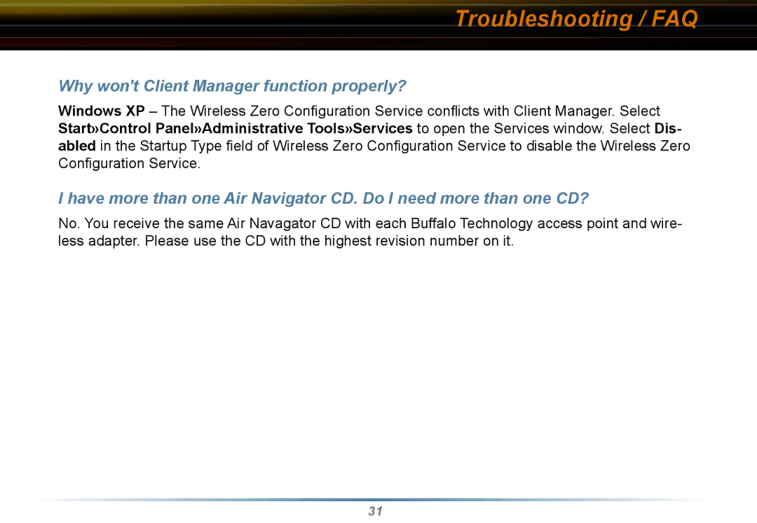 Buffalo Technology WLI2-CB-G54L manual Why wont Client Manager function properly? 