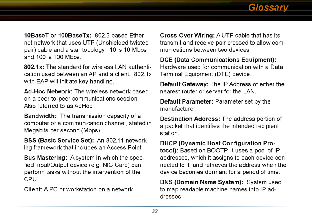 Buffalo Technology WLI2-CB-G54L manual Glossary, DCE Data Communications Equipment 