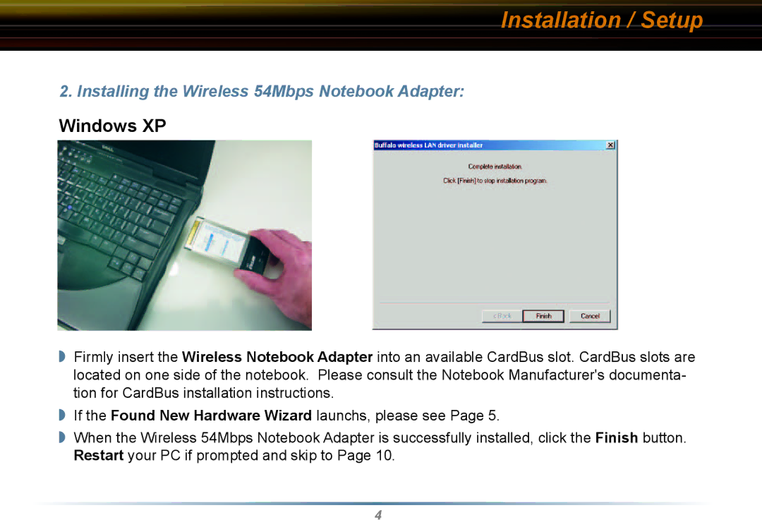 Buffalo Technology WLI2-CB-G54L manual Windows XP, Installing the Wireless 54Mbps Notebook Adapter 