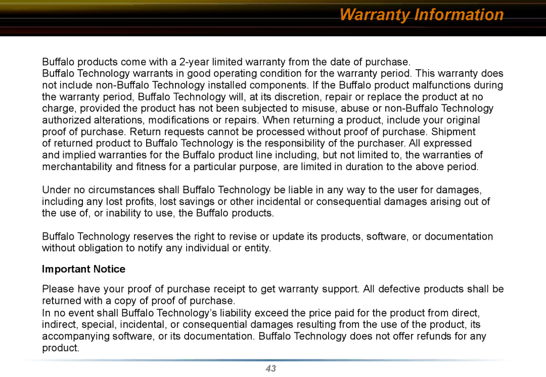 Buffalo Technology WLI2-CB-G54L manual Warranty Information, Important Notice 