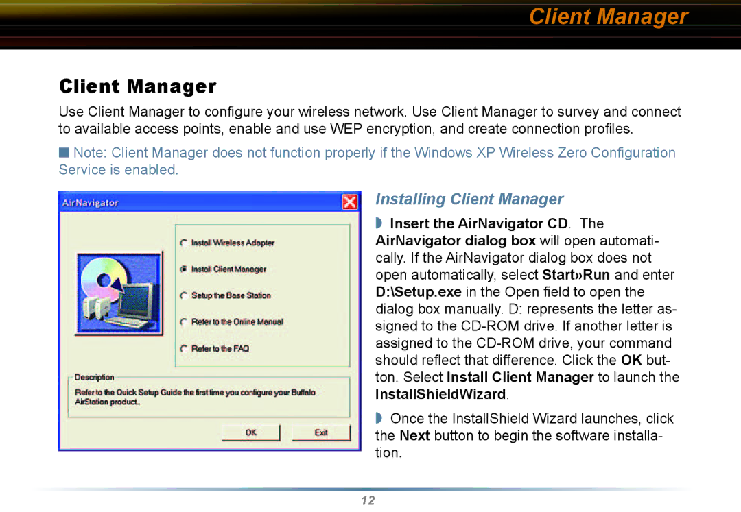 Buffalo Technology WLI2-PCI-G54 user manual Installing Client Manager 