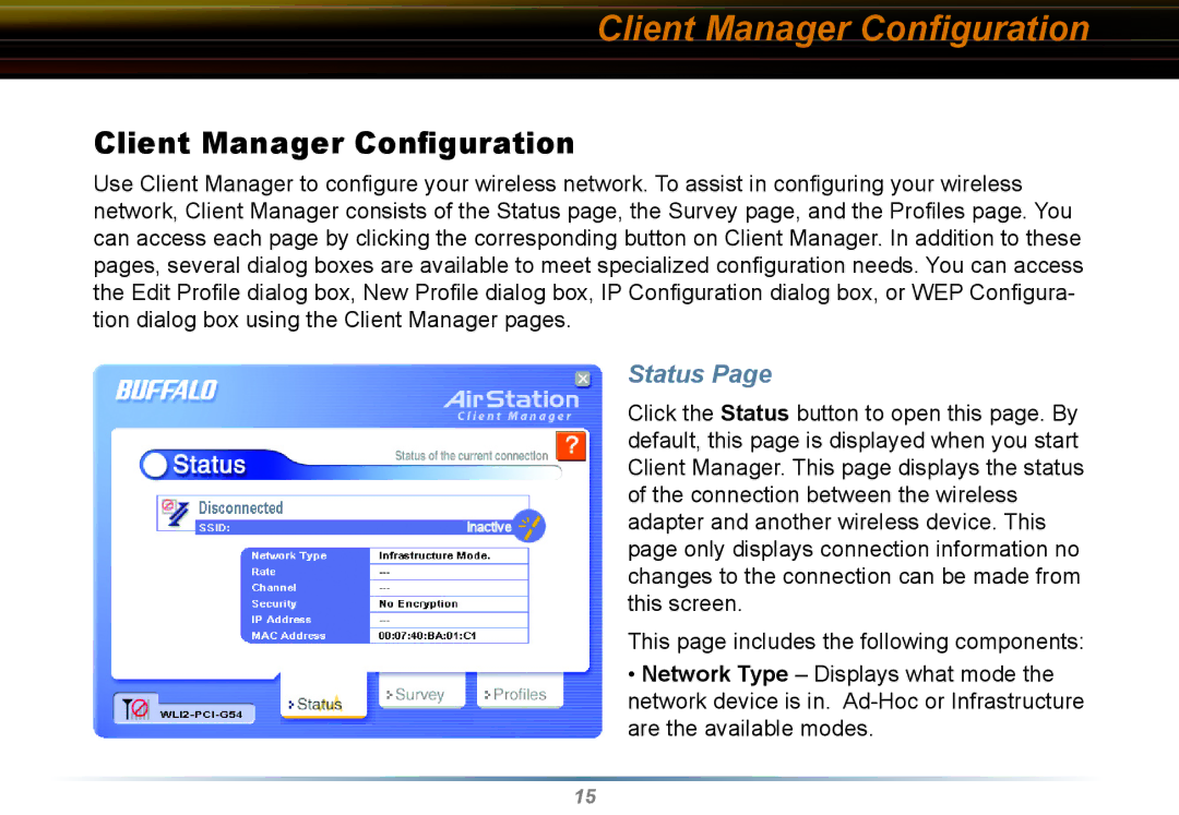 Buffalo Technology WLI2-PCI-G54 user manual Client Manager Conﬁguration, Status 