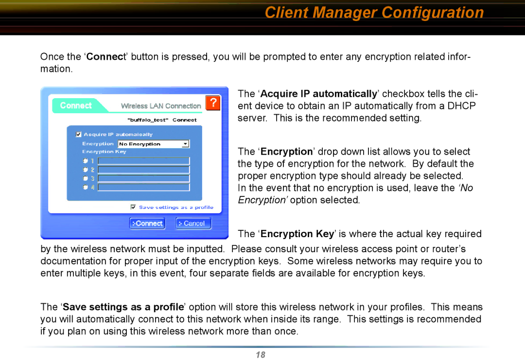 Buffalo Technology WLI2-PCI-G54 user manual Client Manager Conﬁguration 