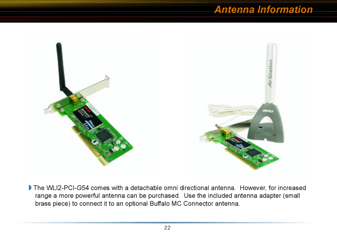 Buffalo Technology WLI2-PCI-G54 user manual Antenna Information 