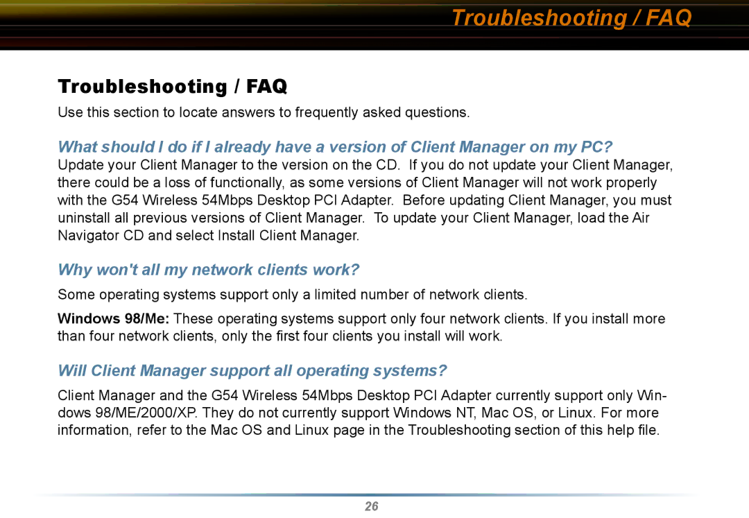 Buffalo Technology WLI2-PCI-G54 user manual Troubleshooting / FAQ, Why wont all my network clients work? 