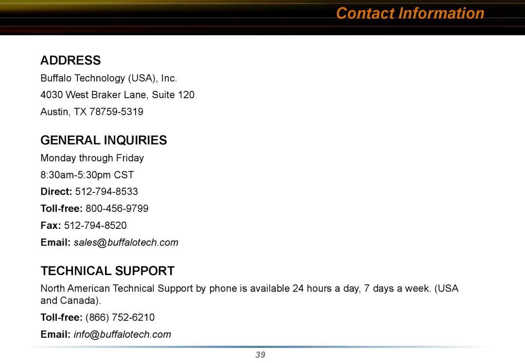 Buffalo Technology WLI2-PCI-G54 user manual Contact Information, General Inquiries 