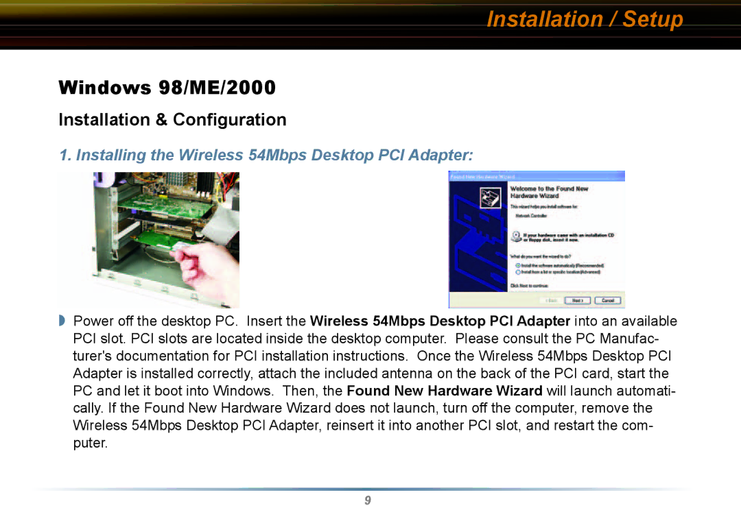 Buffalo Technology WLI2-PCI-G54 user manual Installation / Setup, Windows 98/ME/2000 