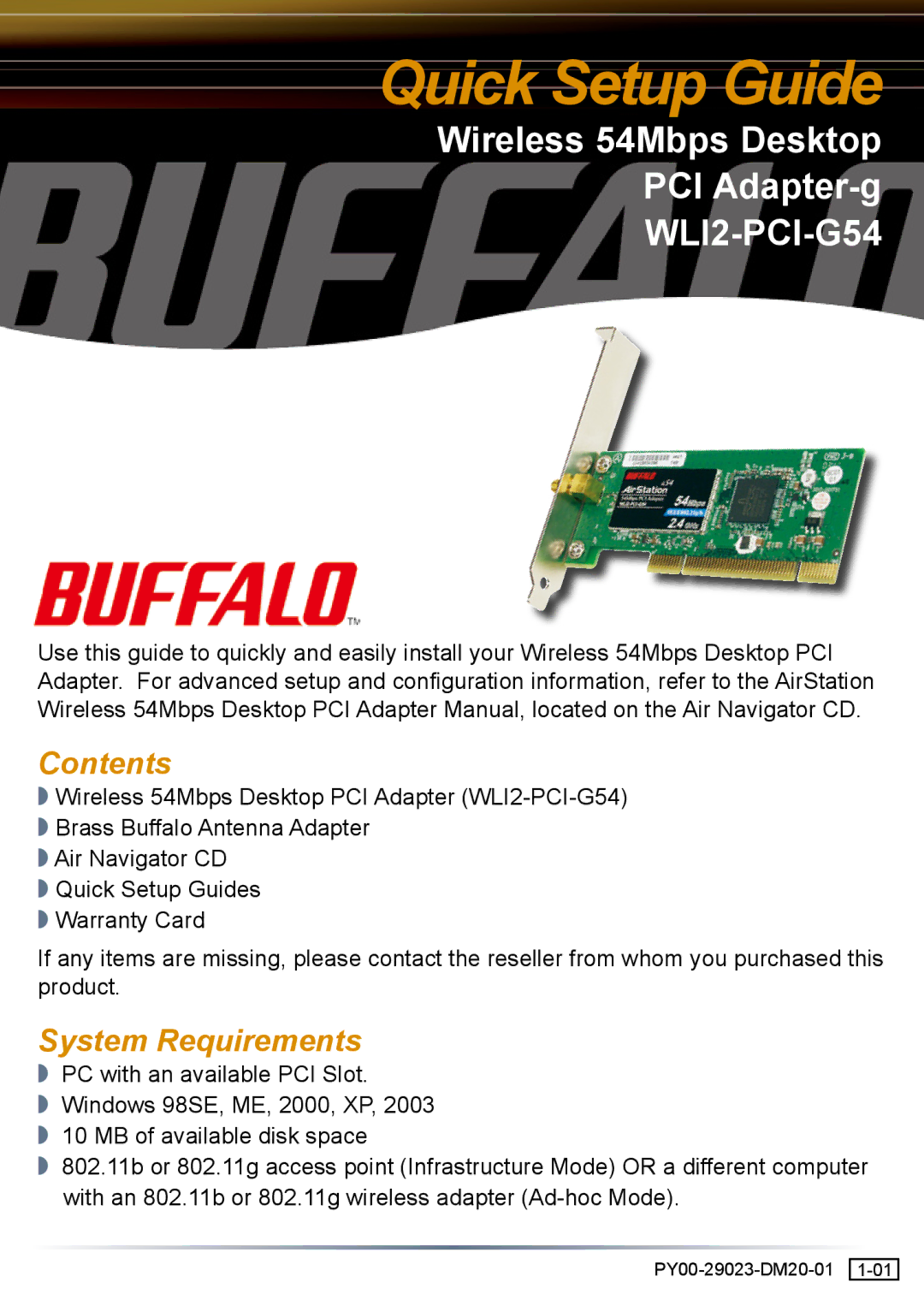 Buffalo Technology WLI2-PCI-G54 setup guide Contents, System Requirements 