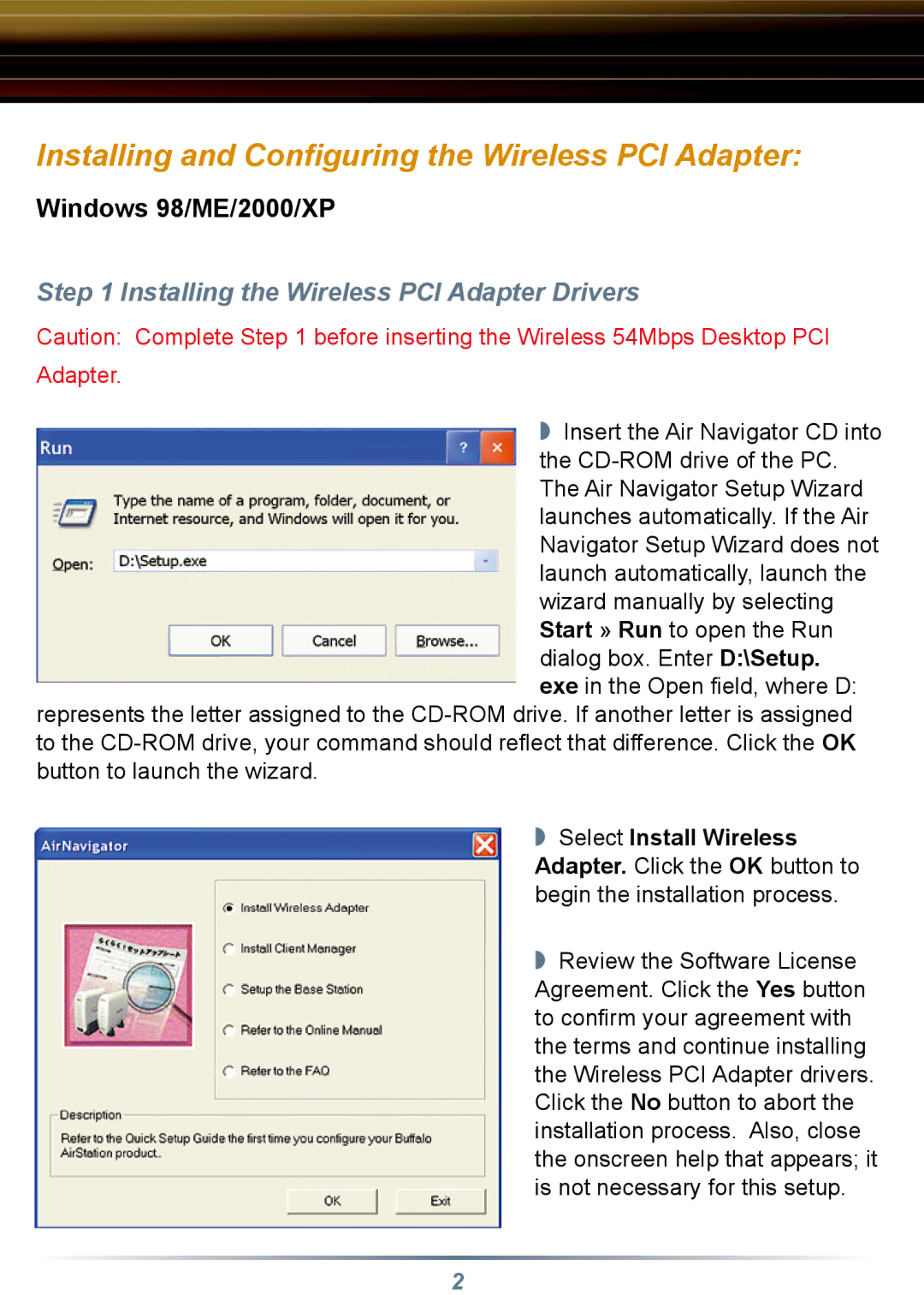 Buffalo Technology WLI2-PCI-G54 setup guide Installing and Configuring the Wireless PCI Adapter 