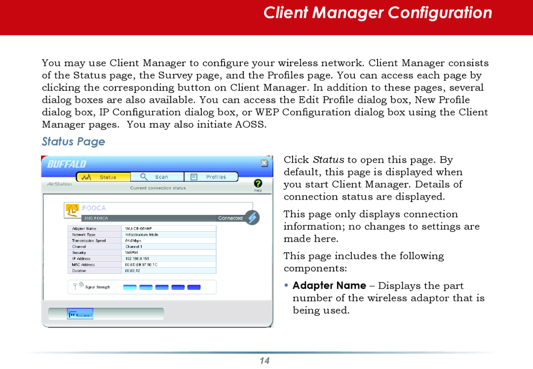 Buffalo Technology WLI2-PCI-G54S user manual Client Manager Configuration, Status 