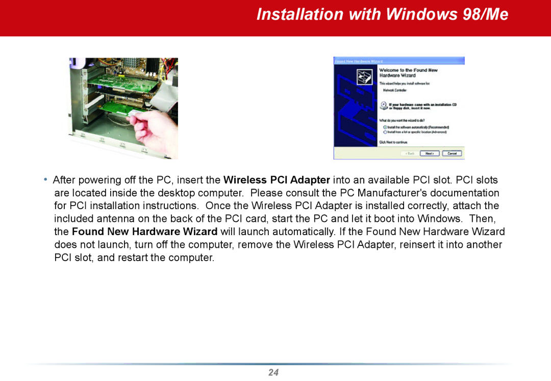 Buffalo Technology WLI2-PCI-G54S user manual Installation with Windows 98/Me 