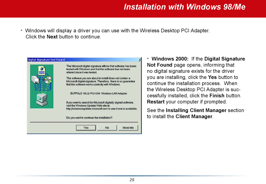 Buffalo Technology WLI2-PCI-G54S user manual Installation with Windows 98/Me 