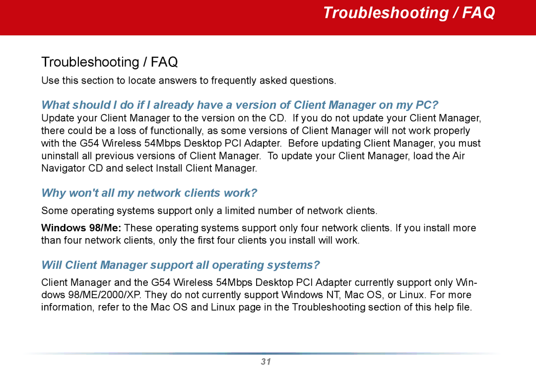 Buffalo Technology WLI2-PCI-G54S user manual Troubleshooting / FAQ 