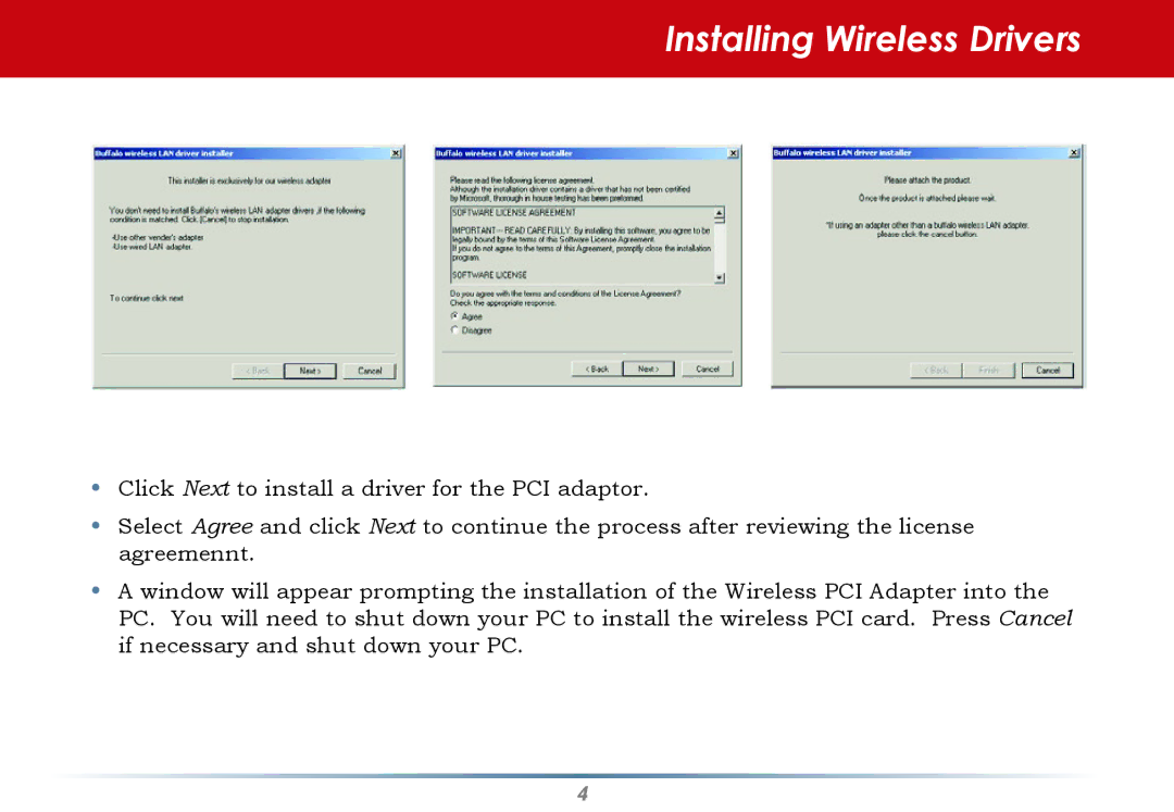 Buffalo Technology WLI2-PCI-G54S user manual Installing Wireless Drivers 