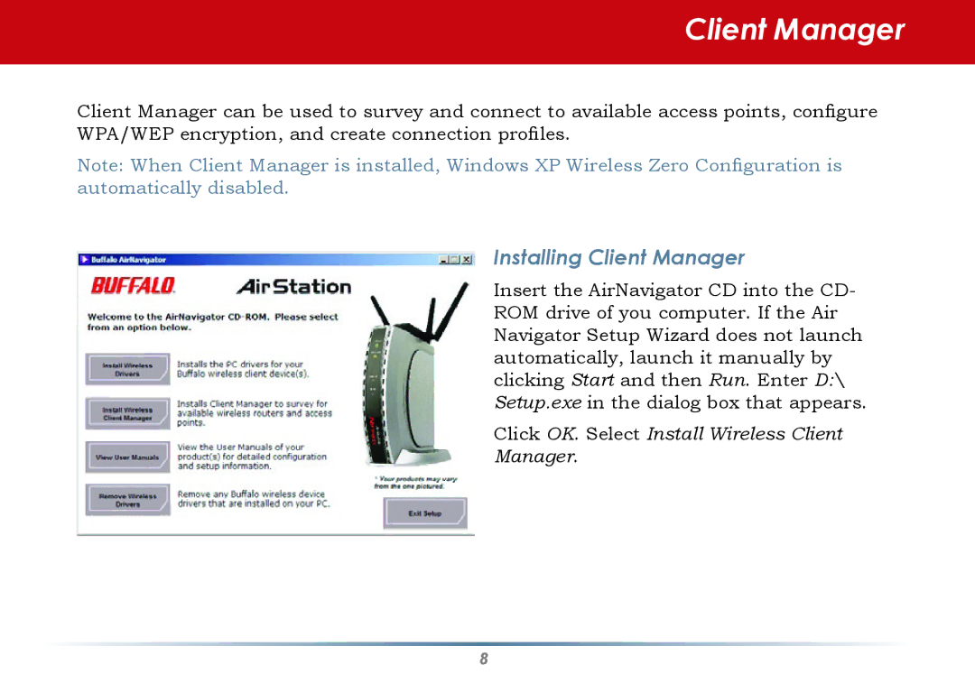 Buffalo Technology WLI2-PCI-G54S user manual Installing Client Manager 