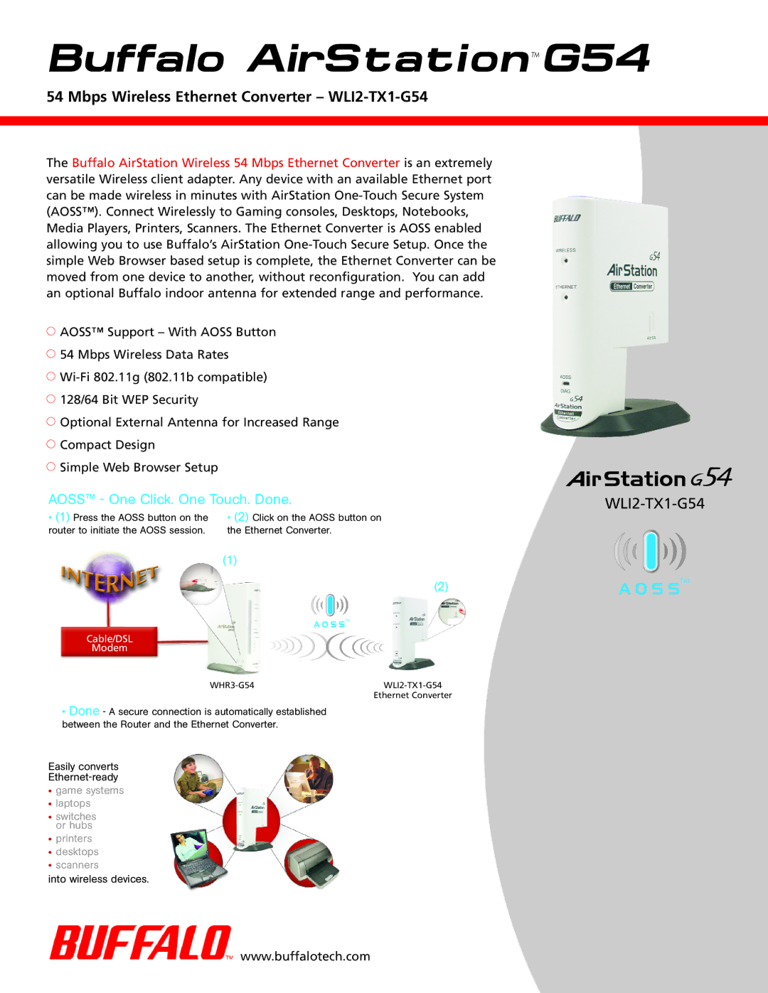 Buffalo Technology manual Buffalo AirStationG54, Mbps Wireless Ethernet Converter WLI2-TX1-G54 