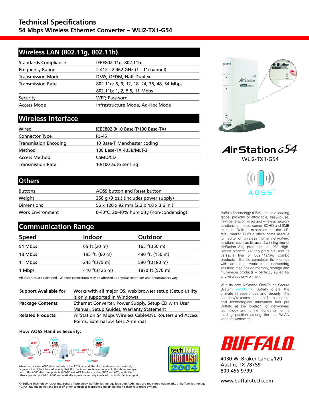 Buffalo Technology WLI2-TX1-G54 manual Wireless Interface, Communication Range, Wireless LAN 802.11g, 802.11b, Others 