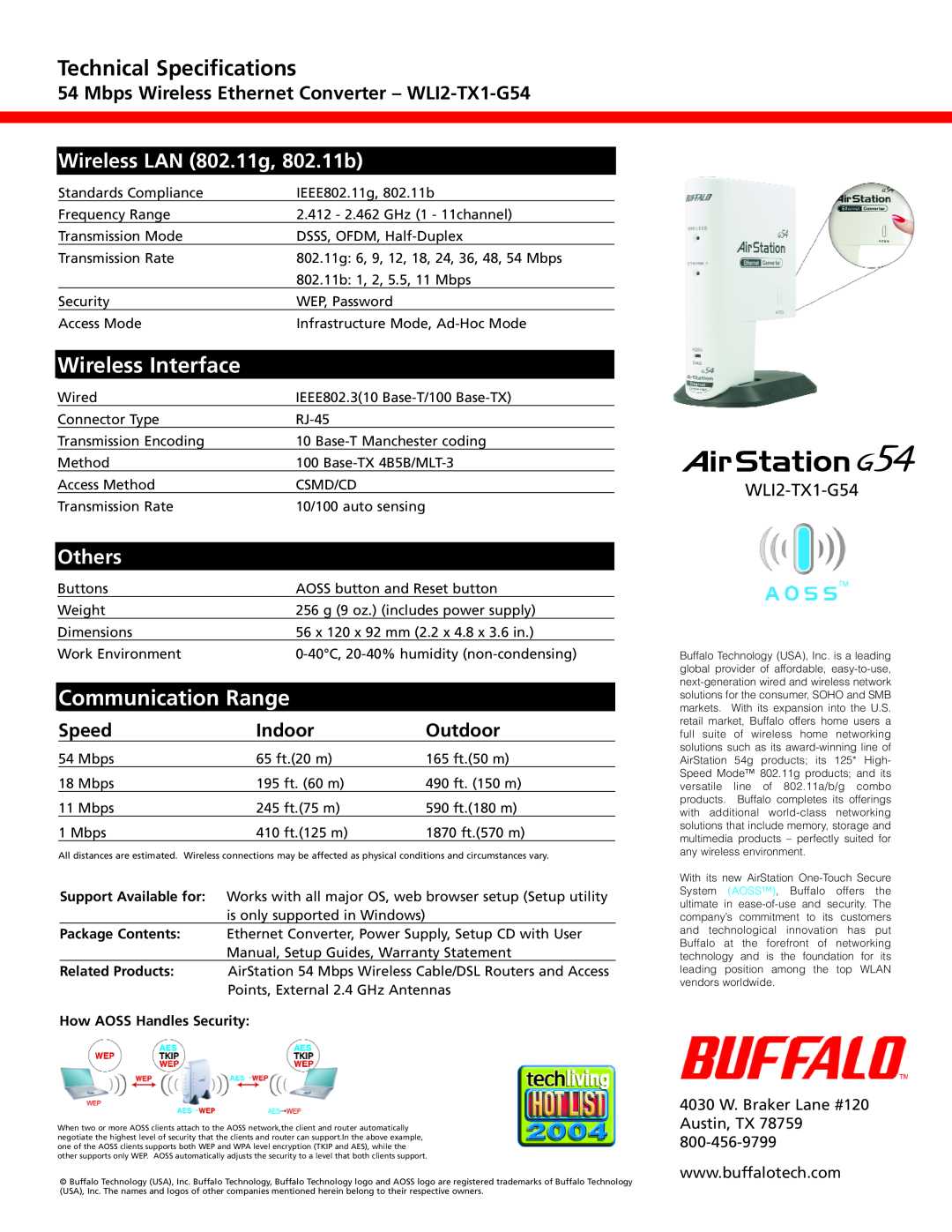 Buffalo Technology WLI2-TX1-G54 Speed, Indoor, Outdoor, 4030 W. Braker Lane #120 Austin, TX, Technical Specifications 