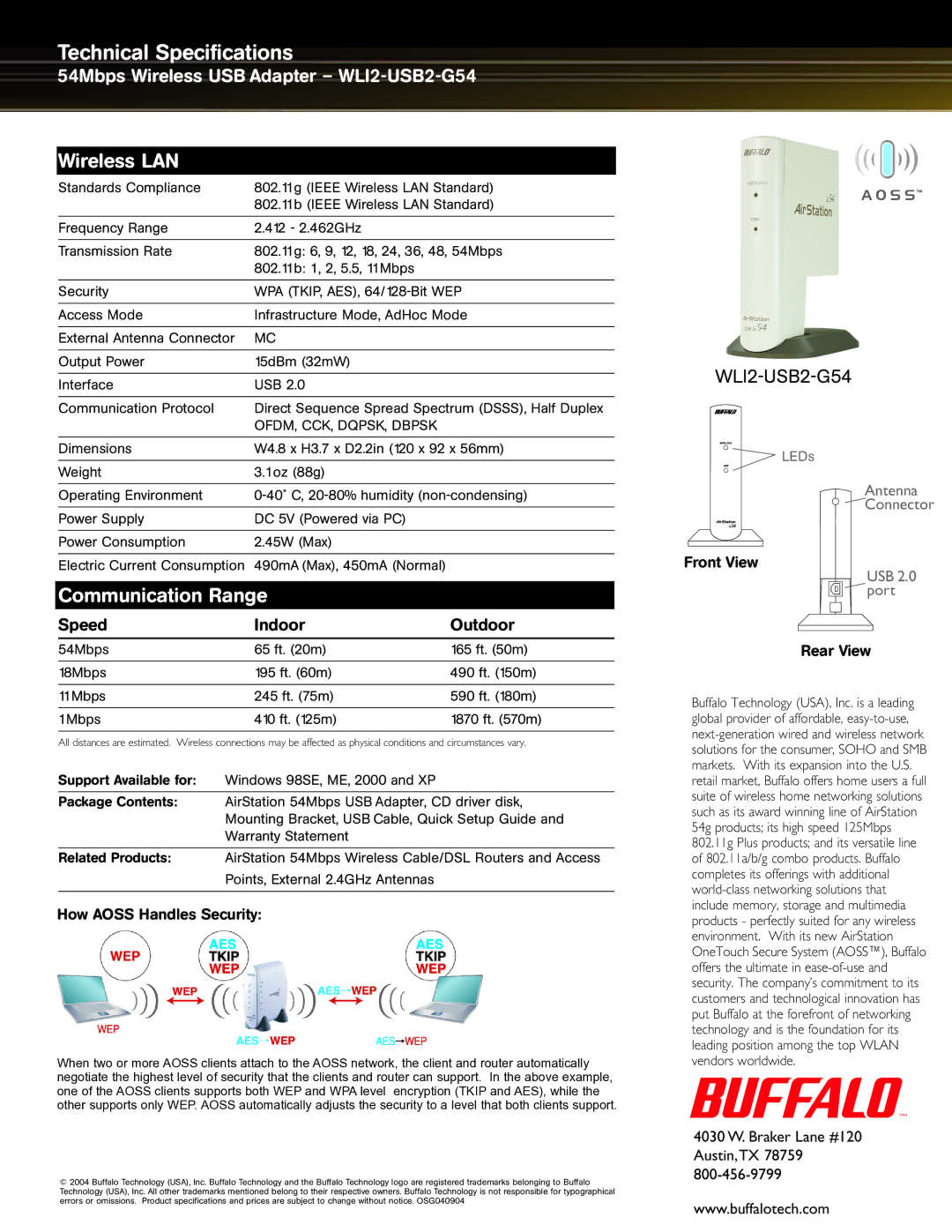 Buffalo Technology WLI2-USB2-G54 warranty Wireless LAN, Communication Range 