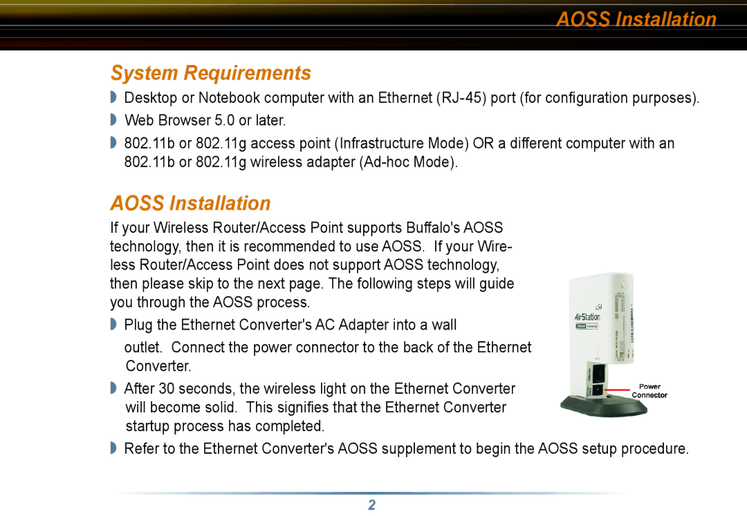 Buffalo Technology WLI3-TX1-G54 user manual Aoss Installation System Requirements 