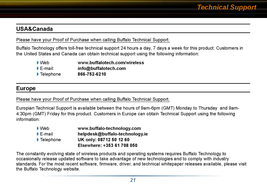 Buffalo Technology WLI3-TX1-G54 user manual Technical Support, USA&Canada 