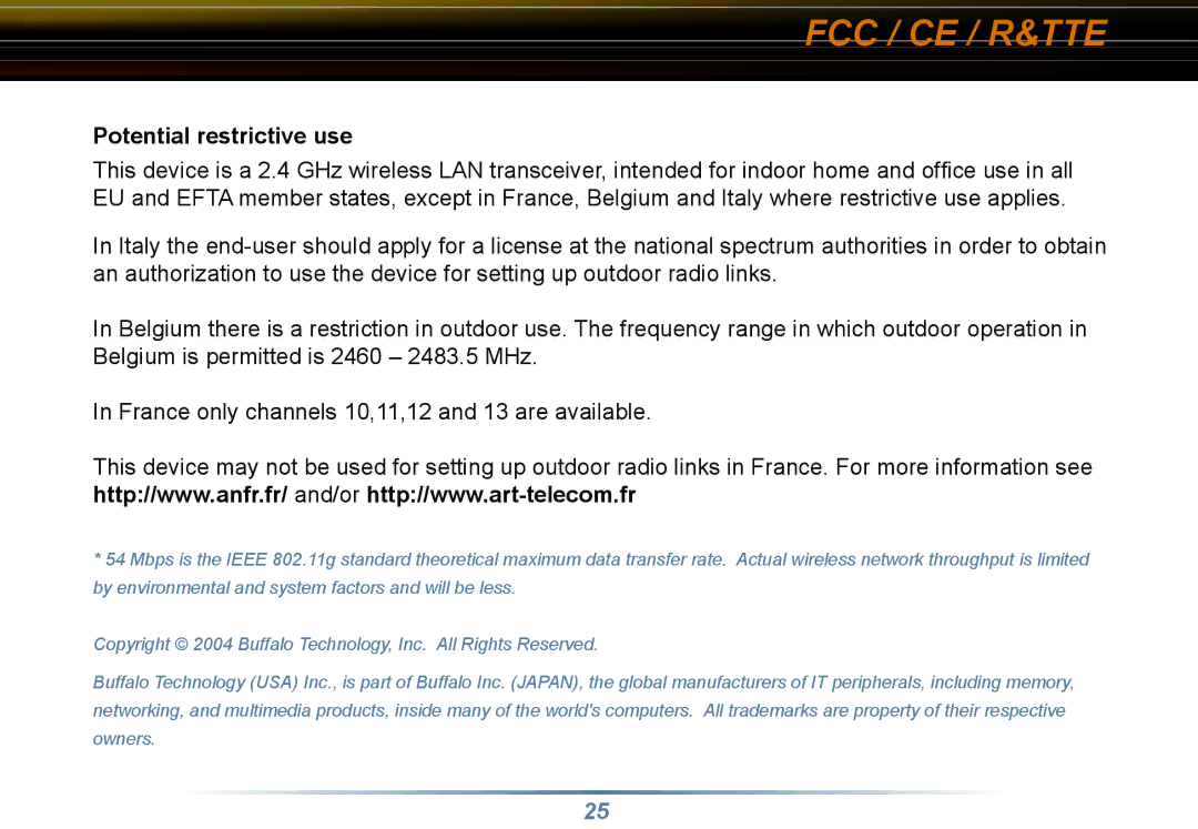 Buffalo Technology WLI3-TX1-G54 user manual Potential restrictive use 