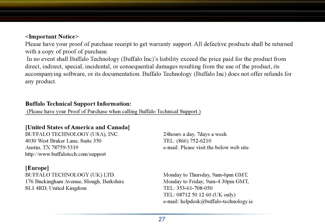 Buffalo Technology WLI3-TX1-G54 user manual Buffalo Technical Support Information 