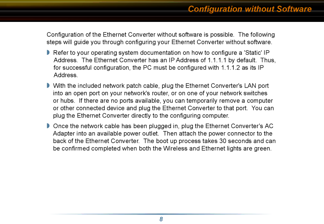 Buffalo Technology WLI3-TX1-G54 user manual Configuration without Software 