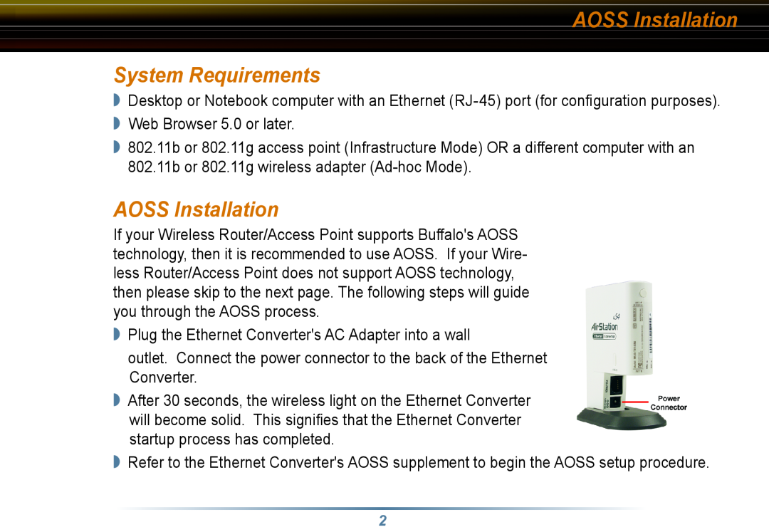 Buffalo Technology WLI3-TX1-G54 user manual AOSS Installation System Requirements 