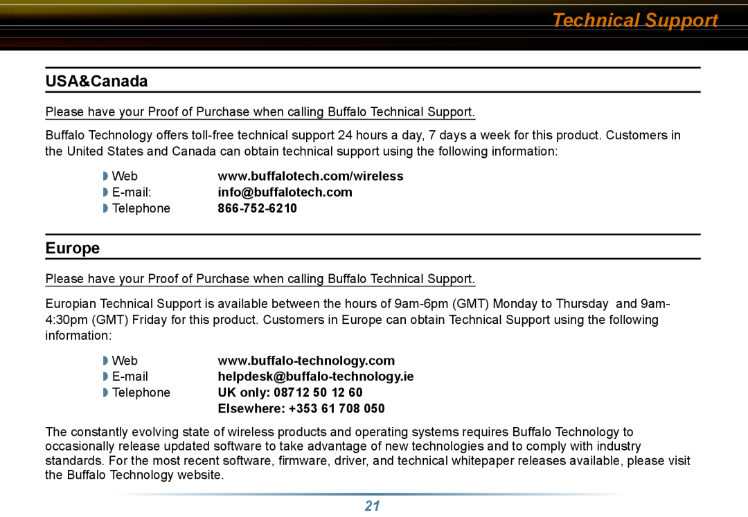 Buffalo Technology WLI3-TX1-G54 user manual Technical Support, USA&Canada, Europe, E-mail, info@buffalotech.com, Telephone 
