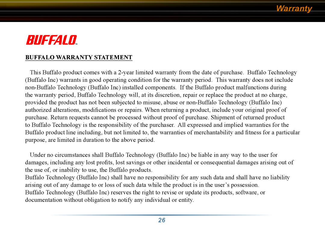 Buffalo Technology WLI3-TX1-G54 user manual Buffalo Warranty Statement 