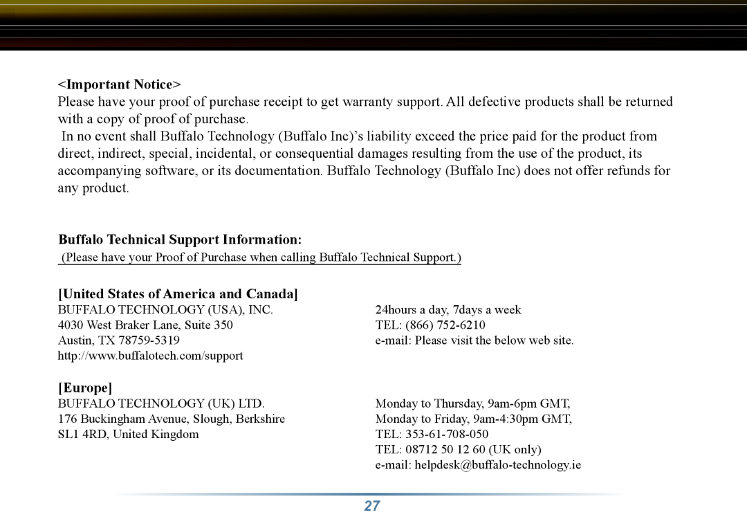 Buffalo Technology WLI3-TX1-G54 user manual Important Notice, Buffalo Technical Support Information, Europe 