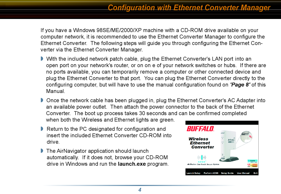 Buffalo Technology WLI3-TX1-G54 user manual Conﬁguration with Ethernet Converter Manager 