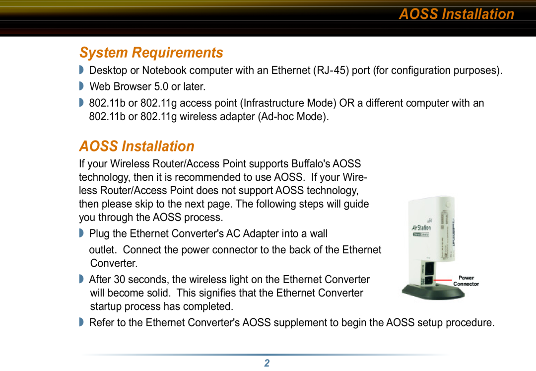 Buffalo Technology WLI3-TX1-G54 user manual AOSS Installation System Requirements 