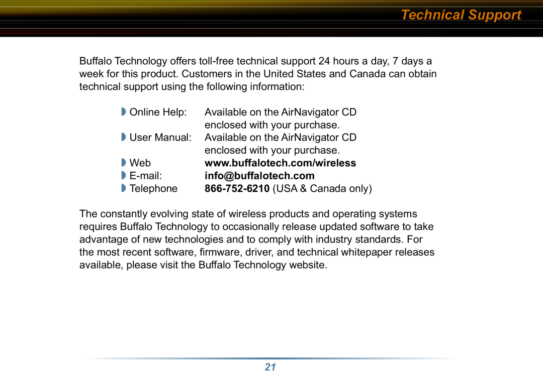 Buffalo Technology WLI3-TX1-G54 user manual Technical Support, E-mail, info@buffalotech.com 