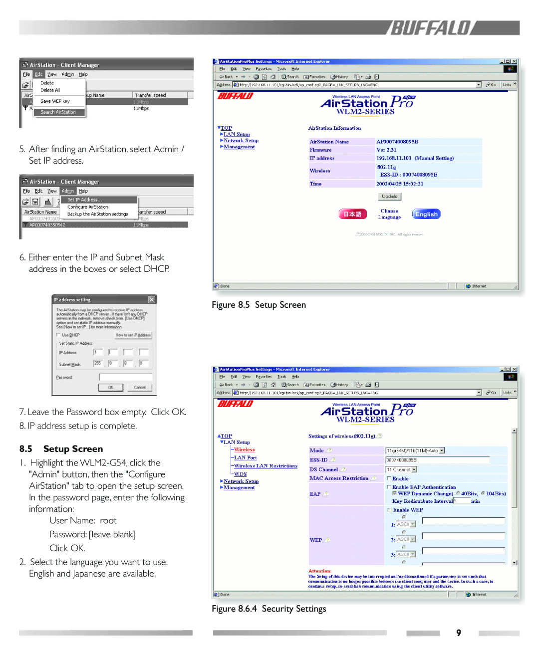 Buffalo Technology WLM2-G54 manual After finding an AirStation, select Admin / Set IP address, Setup Screen 